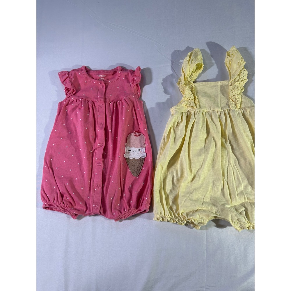 Carter's Baby Girls 12M Romper Lot Pink Ice Cream Polka Dot Yellow Eyelet Lace